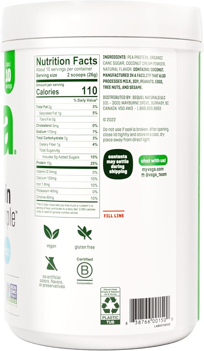 Vega Protein Made Simple Protein Powder, Vanilla - Stevia Free, Vegan, Plant Based, Healthy, Gluten Free, Pea Protein for Women and Men, 9.2 oz (Packaging May Vary)