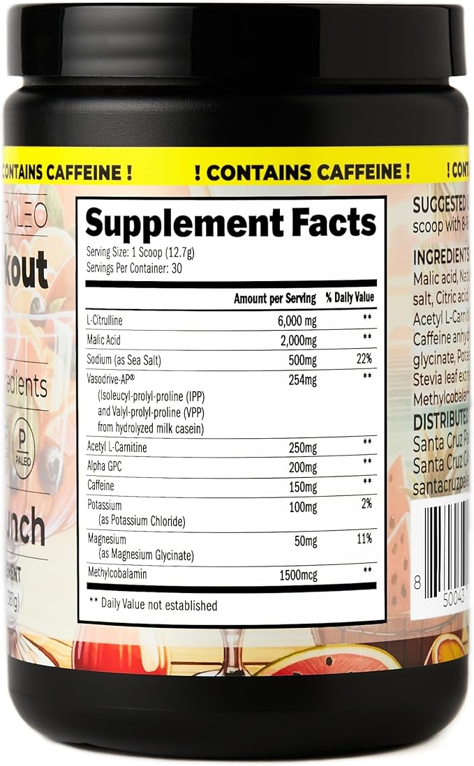 Santa Cruz Paleo Natural Pre Workout Powder, Island Punch, Keto Preworkout Electrolytes with Magnesium, Potassium, L-Citrulline, 150mg Caffeine, Sugar-Free Drink Mix for Energy & Hydration,30 Servings