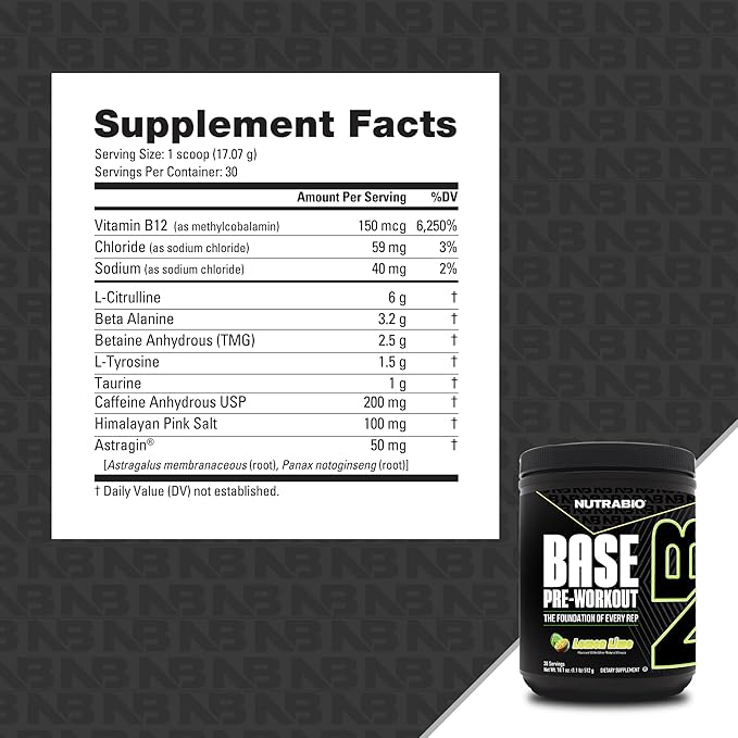 NutraBio Base Pre-Workout Powder 200mg Caffiene, Sustained Energy, Focus, Endurance, Pump, Sugar Free, Clean Preworkout for Men and Women - Beta Alanine, L-Tyrosine, 30 Servings - Lemon Lime
