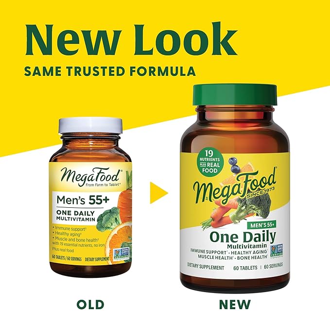 MegaFood Men's 55+ One Daily - Multivitamin for Men with Vitamin B12, C, D & Zinc - Optimal Aging & Immune Support Supplement - Vegetarian - Made Without 9 Food Allergens - 60 Tabs