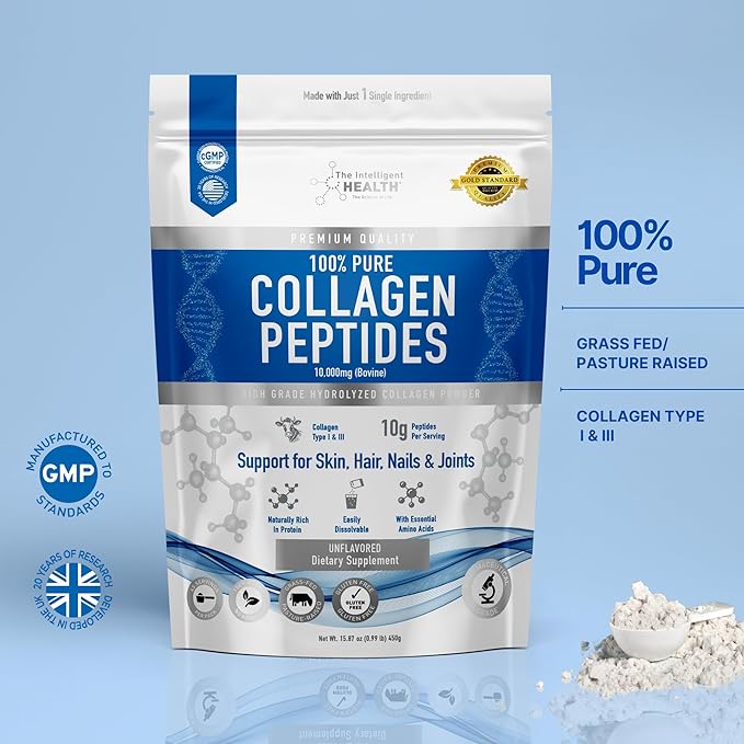 Hydrolyzed Collagen Peptides Powder, Grass Fed, High Protein, Unflavored, Gluten-Free, Paleo & Keto Friendly, 10g per Serving (450g) Supports Skin, Hair, Nails, Joints, & Bones