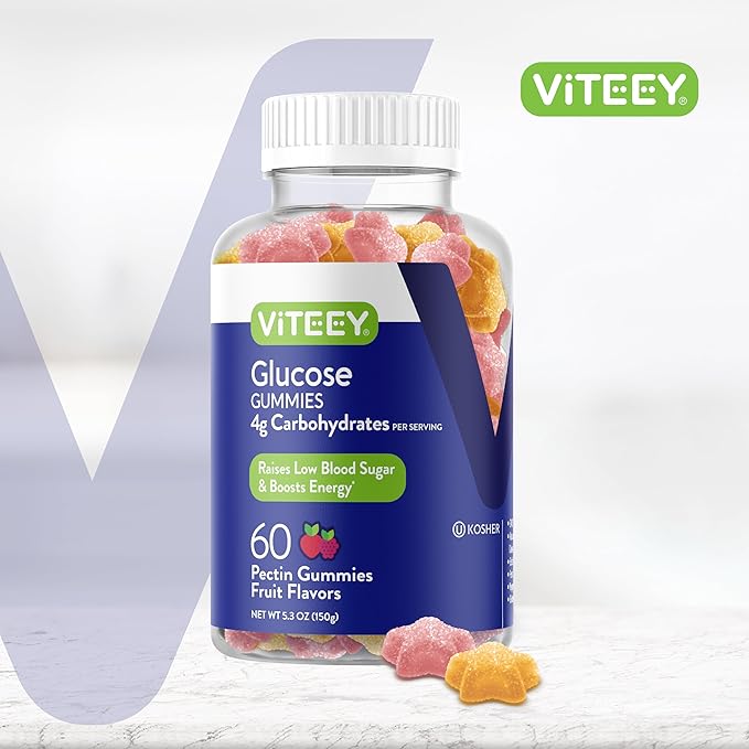Viteey Glucose Gummies for Women, Men & Teens - 4g of Carbohydrates - Naturally Sourced, Vegan, GMO Free, Gluten Free, Gelatin Free - Tasty Chewable Fruit Flavored Pectin Gummy