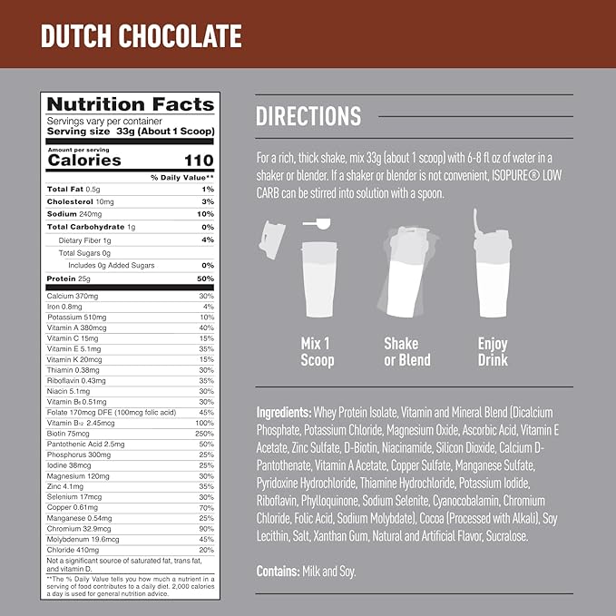 Isopure Low Carb 100% Pure Whey Isolate Protein Powder, Lactose Free, Gluten Free, With Vitamins, Dutch Chocolate, 25g Protein Per Serving, 3 Lbs, 41 Servings