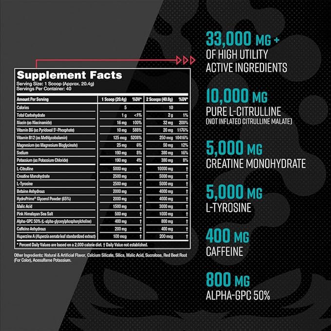Gorilla Mind Pre Workout - Massive Pumps Laser Focus Energy Power - L-Citrulline, Creatine, L-Tyrosine, Betaine, Hydroprime, Alpha-GPC, 400mg Caffeine, Huperzine A - 800g (Watermelon)
