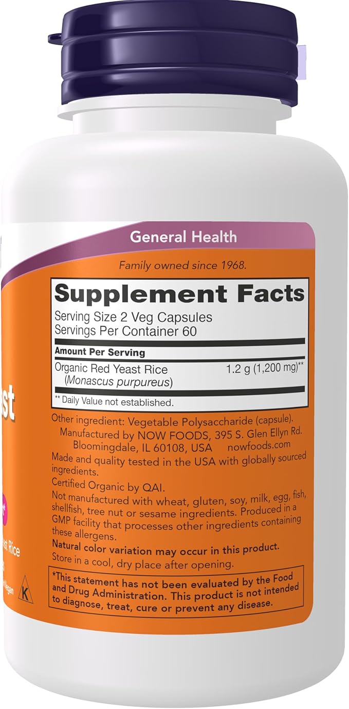NOW Foods Supplements, Red Yeast Rice 600 mg, Made with Organic Red Yeast Rice, 120 Veg Capsules