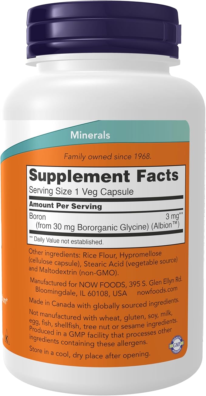 NOW Supplements, Boron 3 mg (Bororganic Glycine), Structural Support*, 250 Veg Capsules