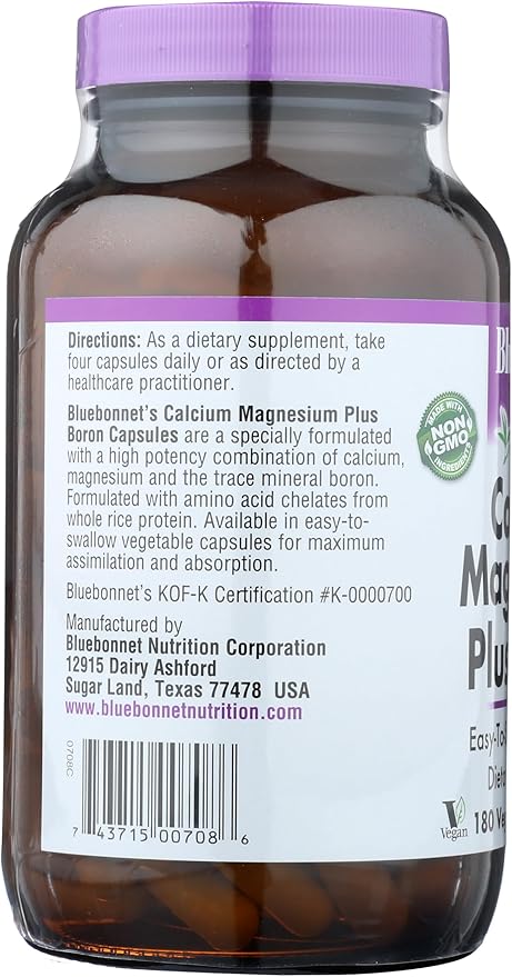 BlueBonnet Calcium Magnesium Plus Boron Vegetarian Capsules, Off-White, 180 Count