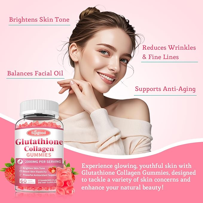 2 Pack Glutathione Collagen Gummies, Skin Brightening & Anti-Aging, Supports Hair, Skin & Nail Health, Glutathione Supplement for Women, Strawberry Flavor, 120 Count