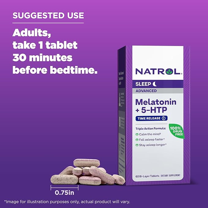 Natrol Melatonin + 5-HTP Advanced Time Release Sleep Aid, Triple Action Formula, Calm the Mind, Fall Asleep Faster and Stay Asleep Longer, 60 Bi-Layer Tablets, Up to a 60 Day Supply