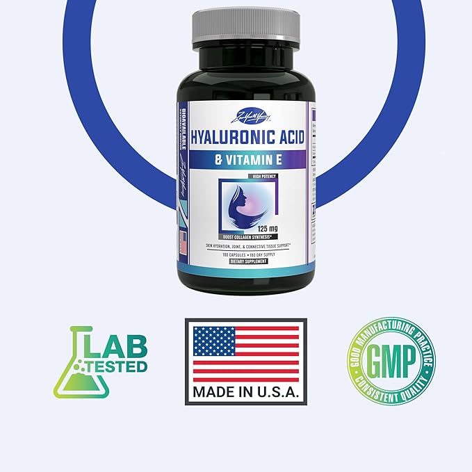 zyy Hyaluronic Acid Supplements with Vitamin E - Daily Anti Aging Beauty Supplement for Healthy Skin, Hair and Eyes, Supports Joint Lubrication & Immune System - No-GMO & Gluten-Free - 180 Capsules