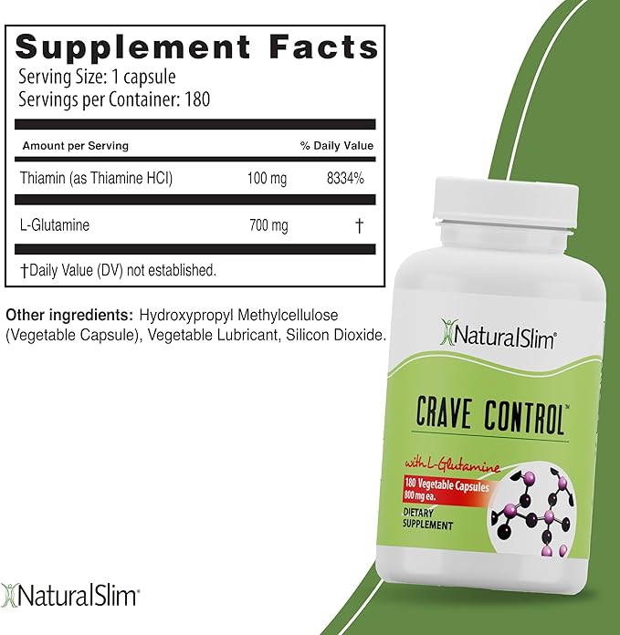 NaturalSlim Natural Appetite Suppressant - Craving Blocker Sugar & Refined Carbs Crave Control - Energy & Metabolism Booster with L Glutamine & Thiamine B1 Supplement - 180 Vegetable Capsules