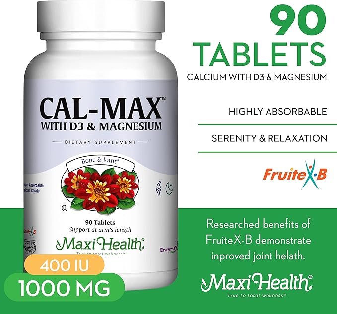 Maxi Health Calcium Magnesium Supplement with Vitamin D3 and Boron - Kosher Bone Health & Nighttime Formula, Calcium Citrate CalMag & Vitamin D (90 Tablets)