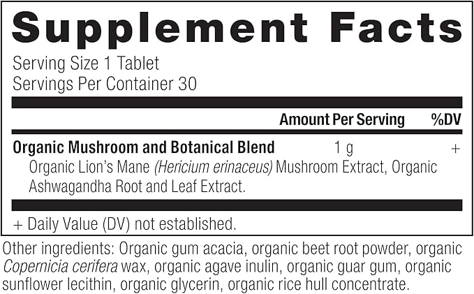 Organic Lion's Mane Mushroom Supplement with Ashwagandha by Ancient Nutrition, Organic Lion's Mane Supports Healthy Energy and Concentration, Reduces Fatigue, Gluten Free and Keto Friendly, 30 Tablets