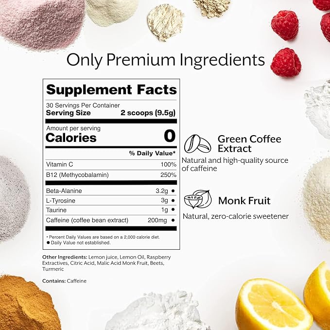 Promix Pre-Workout Powder, Raspberry Lemon - Maximize Focus & Performance - Helps Muscle Gain, Endurance & Enhanced Energy - Vitamin B12, Caffeine, Beta-Alanine & L-Tyrsosine - Gluten & Dairy-Free