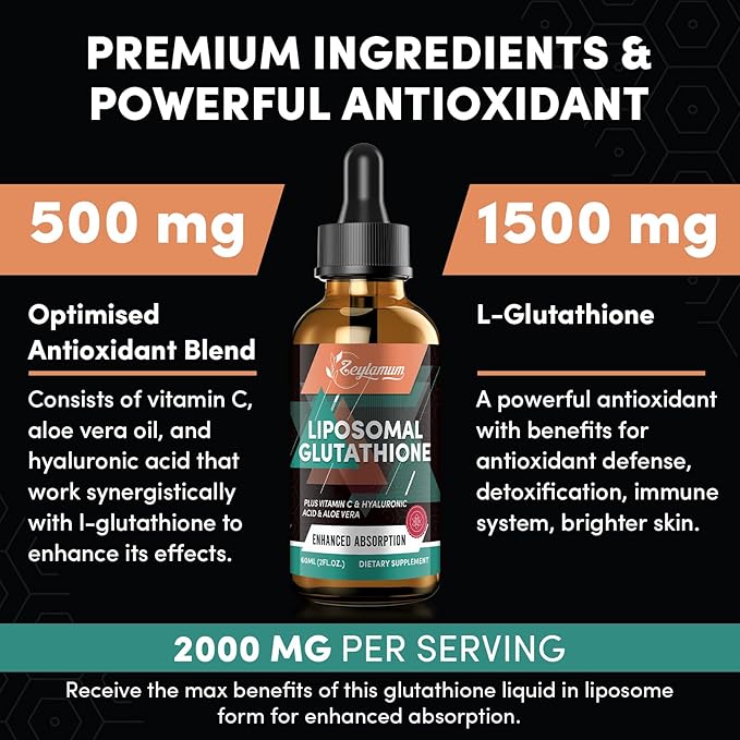 2000MG Liposomal Glutathione Liquid Drops, Enhanced Absorption, Glutathione Supplement, with Vitamin C, Hyaluronic Acid & L-Glutathione, Antioxidant Supplement - Liver Detox, Radiant Skin, 16.16 OZ