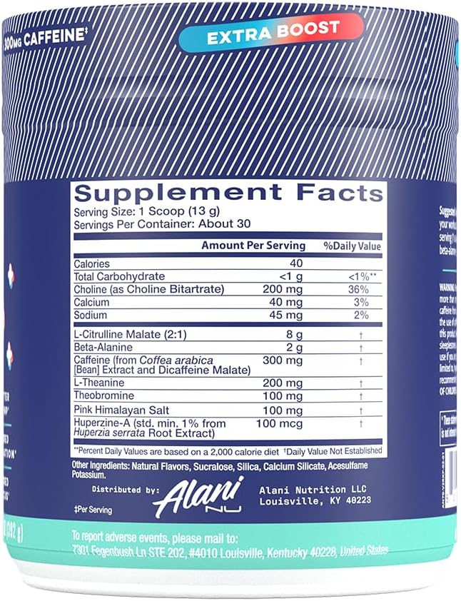 Alani Nu Pre Workout+ Powder Rocket POP, Extra Boost, Sugar Free, 300mg Caffeine, L-Theanine, Beta-Alanine, Citrulline, 30 Servings