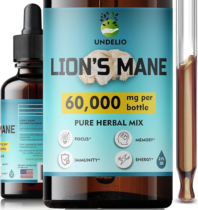 Organic Lion’s Mane Mushroom Tincture - Brain Health & Immune Support Supplement - Memory, Focus, & Clarity - Non-GMO, Vegan, 2 Fl Oz