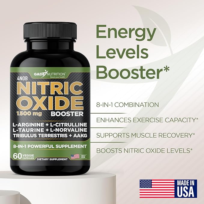 Gade Nutrition Nitric Oxide Supplement - L Arginine Capsules – Helps to Improve Energy, Endurance & Performance - Pre Workout - Muscle Builder - with All Essential Amino Acid and Maca Root