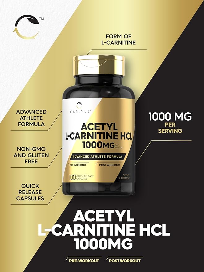 Carlyle Acetyl L-Carnitine HCL | 1000mg | 100 Capsules | Advanced Athlete Formula | Pre-Workout Supplement | Non-GMO & Gluten Free