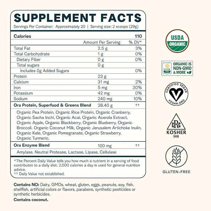 Ora Organic Vegan Protein Powder - 23g Plant Based Pea Protein + Superfood for Women and Men - Unsweetened 20 Servings, No Erythritol, Digestive Enzyme, Keto-Friendly, Gluten-Free, Paleo, Soy-Free