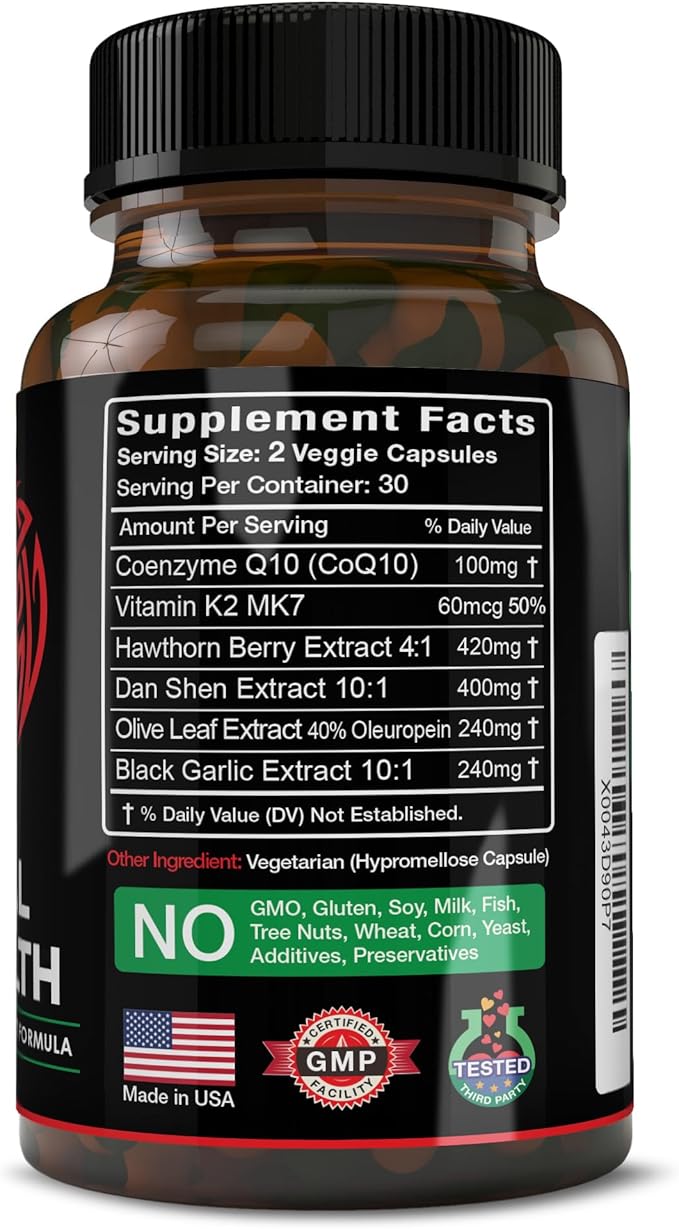 Eternal Health Blood Pressure Support Supplement – Heart Health & Blood Circulation Formula with CoQ10, K2 MK7, Black Garlic, Hawthorn, Olive Leaf & Dan Shen – 60 Capsules