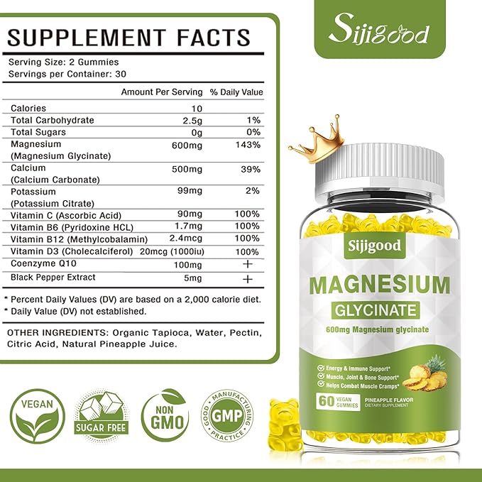 2 Pack Magnesium Glycinate Gummies 600mg, Relaxation & Zzz Support, Magnesium Potassium Supplement for Adults and Kids Sugar-Free, Vitamin C B6 B12 D3 and CoQ10, Pineapple Flavor, 120 Count