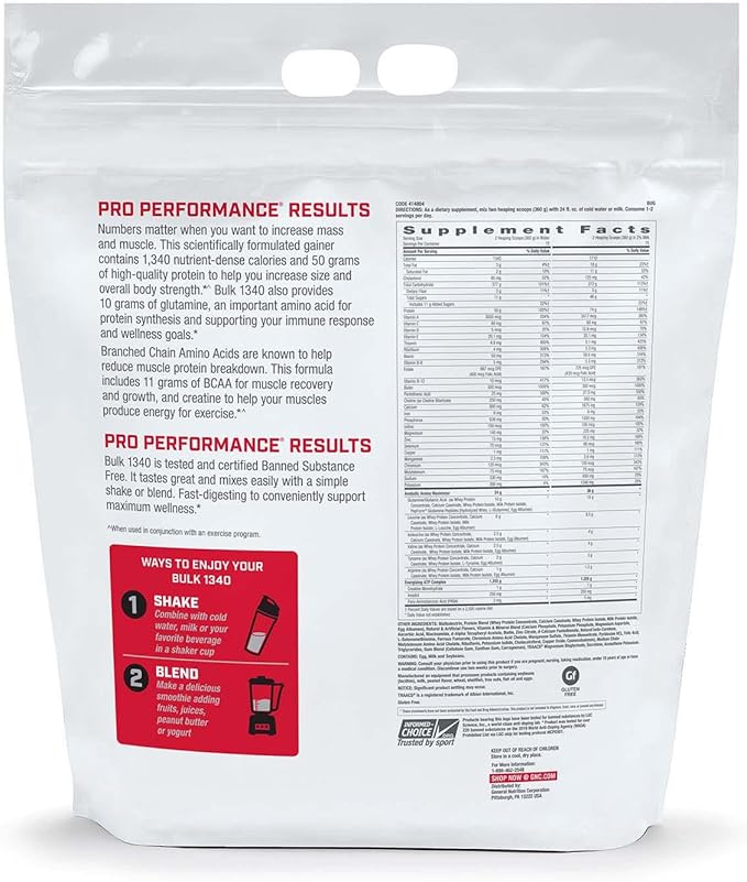 GNC Pro Performance Bulk 1340 Mass Gainer Protein Powder, 50g, Gluten Free, Whey, Creatine, BCAA, 3rd Party Tested, Muscle Recovery & Growth, Micronutrients, Vanilla Ice Cream, 15 Servings