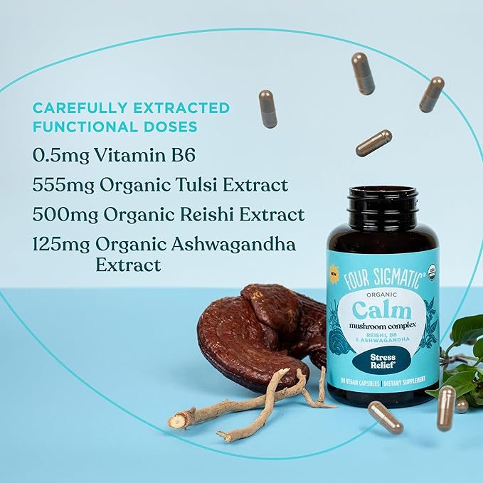 Four Sigmatic Calm Capsules | Vegan Stress Relief Supplement to Promote Positive Mood with Organic Ashwagandha Powder, Organic Reishi Mushroom, Tulsi (Holy Basil Extract), Vitamin B6 | 30 Servings