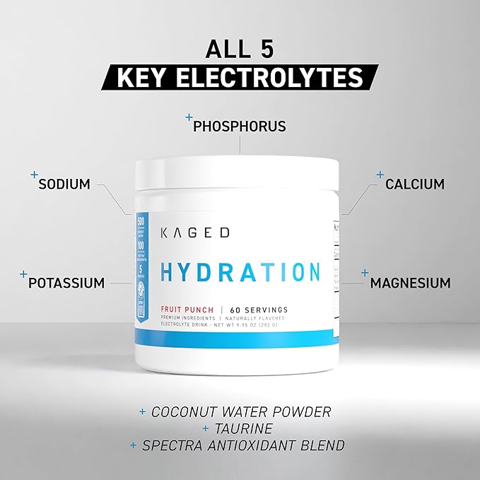 Kaged Electrolyte Hydration Powder, Hydracharge Fruit Punch, Sports Drink for Men and Women, Pre, Post, Intra Workout Supplement, 60 Servings