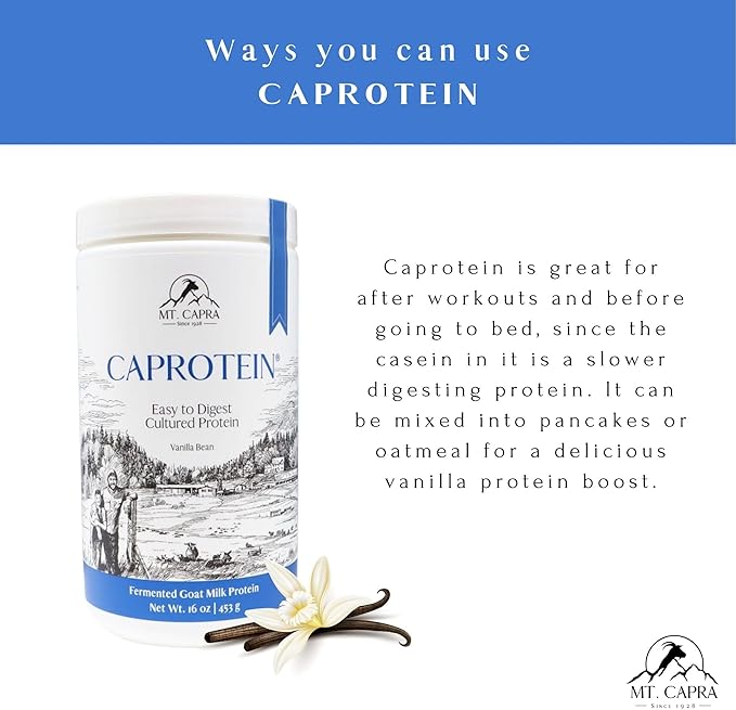 Mt. Capra Caprotein | Casein Protein Concentrate, Fermented Goat Milk Protein from Grass-Fed Pastured Goats, Extremely Easy to Digest | Vanilla Bean | 23 Servings - 16 oz