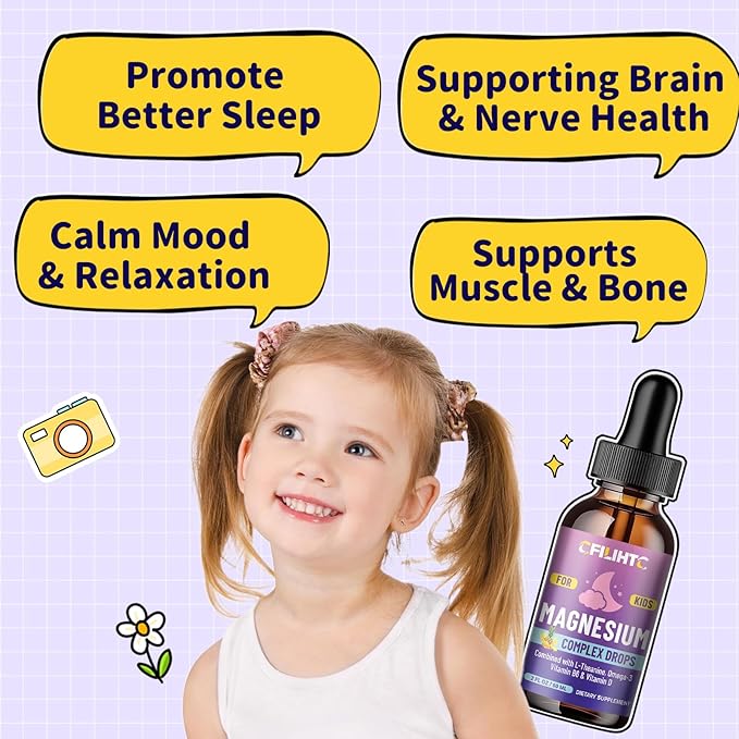 Kids Magnesium Liquid Drops-Magnesium Glycinate Liquid for Kids Supplement-w/L-theanine, Omega-3, Vitamin B6, D3 - for Sleep, Relaxation, Brain, Bones - Pineapple Flavor, 2 Fl Oz