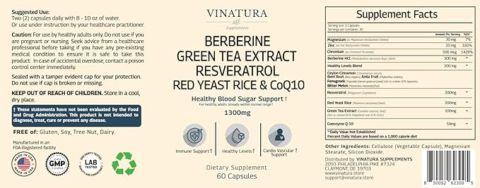Berberine HCL & Ceylon Cinnamon - Red Yeast Rice & CoQ10 1300mg per Serving *USA Made & Tested* Healthy Levels with Green Tea Extract, Resveratrol, Magnesium, Glycinate, Chromium Picolinate
