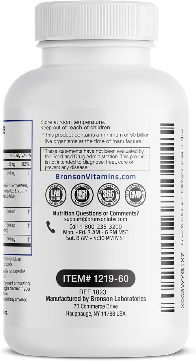 Bronson Men's Probiotic 50 Billion CFU Plus Prebiotic with Ashwagandha, Fenugreek & Zinc, Supports Healthy Digestion & Immune Function Non-GMO, 60 Vegetarian Capsules