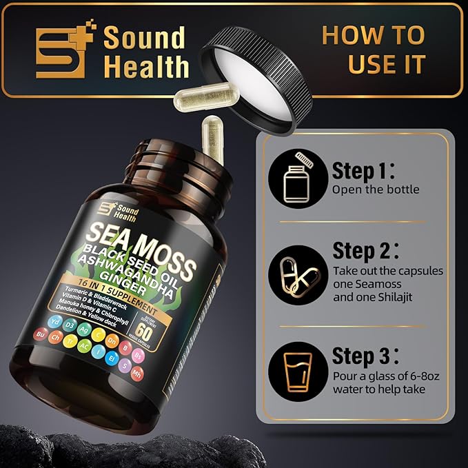 Wild Organic Irish Sea Moss and Shilajit - 8000mg Sea Moss, 10000mg Shilajit, Ashwagandha 2000mg, Ginseng, Vitamin C, Vitamin D3, Black Seed Oil - 2 Bottles of 60 Capsules