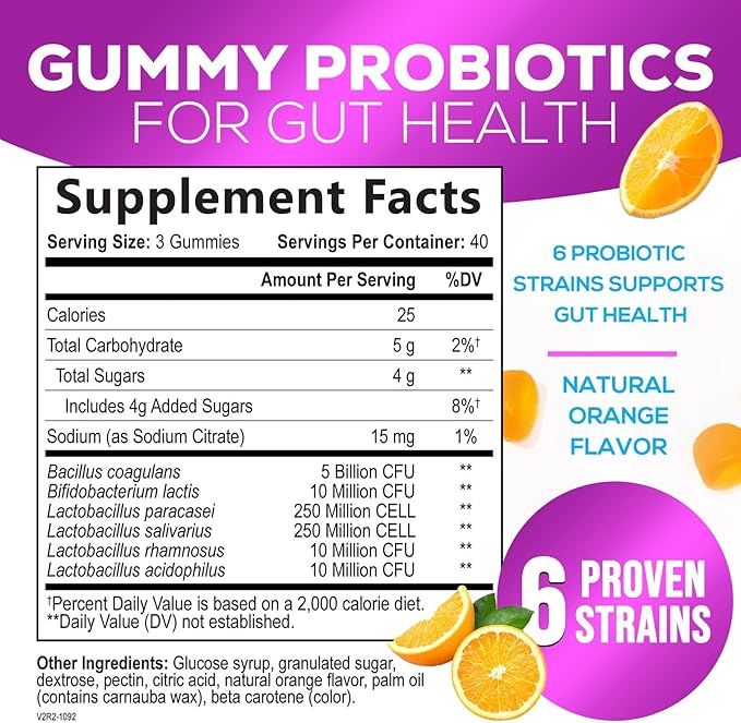 Probiotic Gummies for Women, Men & Teens - 5 Billion CFUs, 6 Probiotic Strains, Orange Flavor - Daily Gummy Probiotics Supplement for Natural Digestive Health, “Good” Gut & Immune Support - 120 Count
