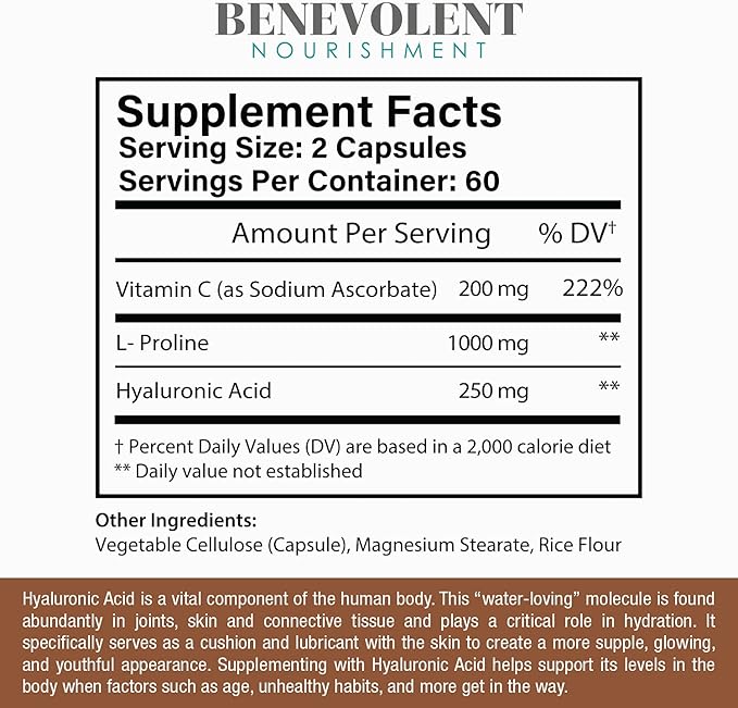 Hyaluronic Acid Supplements 250mg with 200mg Vitamin C, 1000mg L-Proline & Anti-Aging Benefits, Hyaluronic Acid Capsules for Youthful Skin, Joints & Connective Tissue Health - 120 Capsules
