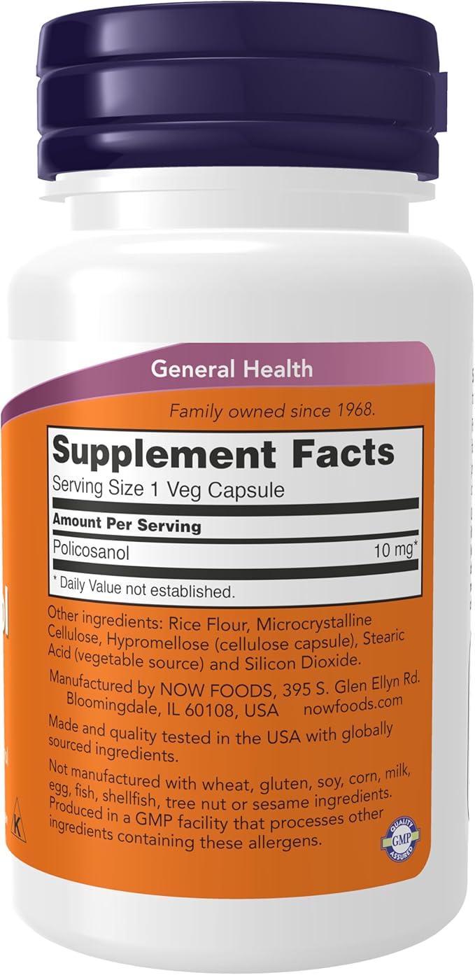 NOW Foods Supplements, Policosanol 10 mg, Blend of Long-Chain Fatty alcohols (LCFAs) Derived from Sugar Cane, 90 Veg Capsules