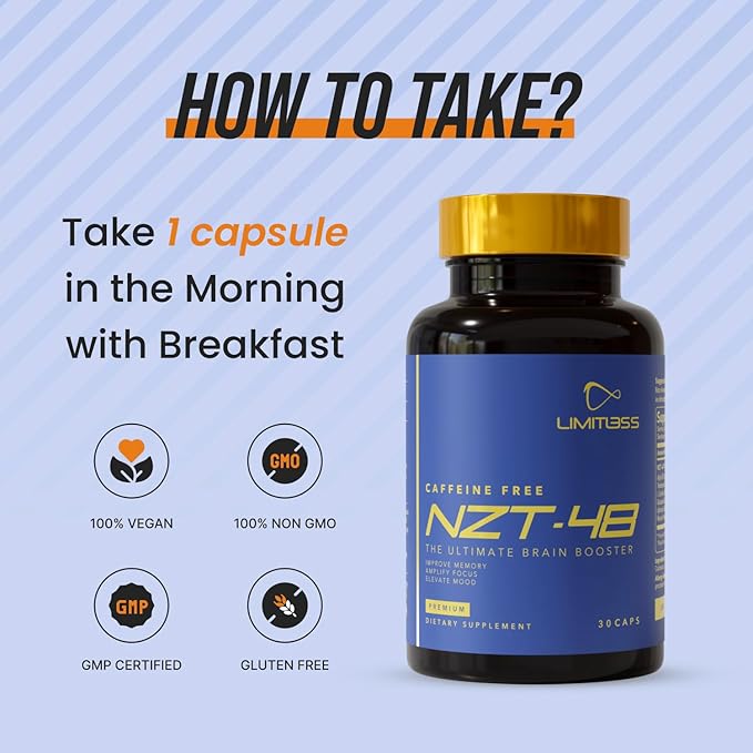 NZT-48 Premium Brain Booster - Lions Mane Supplement Capsules - Nootropic Brain Supplements for Memory and Focus - Brain Pills - Natural Energy - Caffeine Free, Phosphatidylserine, 30 Servings
