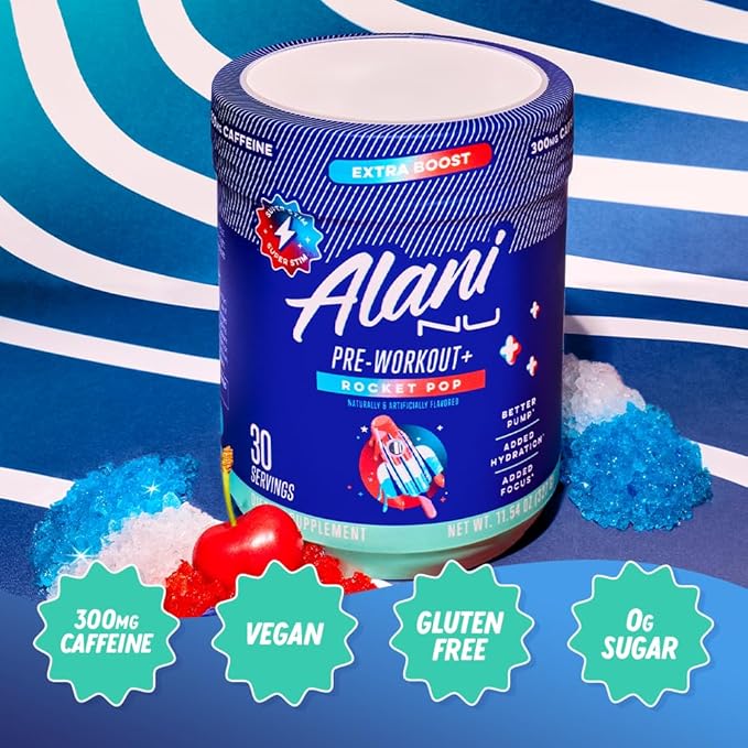 Alani Nu Pre Workout+ Powder Rocket POP, Extra Boost, Sugar Free, 300mg Caffeine, L-Theanine, Beta-Alanine, Citrulline, 30 Servings