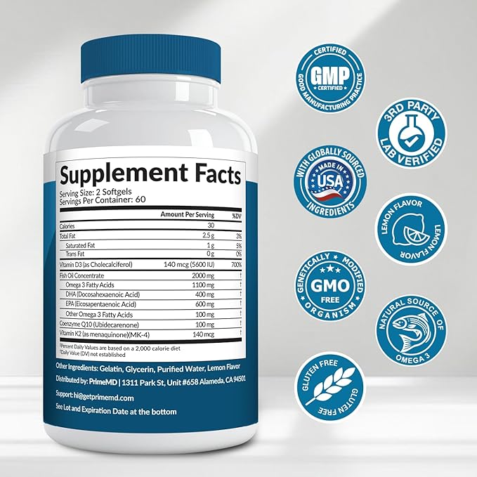 5-in-1 Fish Oil Omega 3 Supplements (2100mg) - Fish Oil with Vitamins D3 & K2 and CoQ10 - EPA DHA Omega 3 Supplement - Lemon Flavored Fatty Acid Supplements, Pack of 2