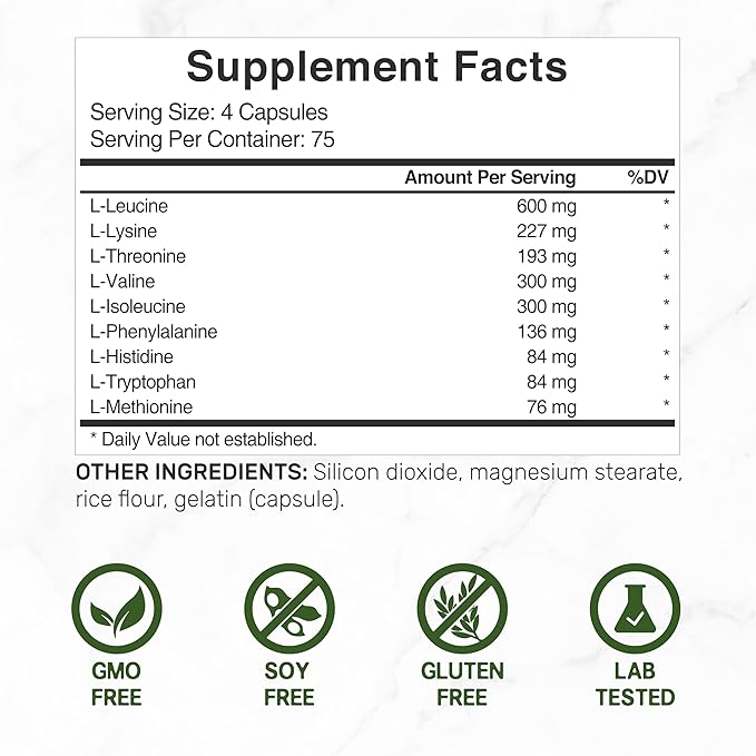 Essential Amino Acids (EAA) 2000mg Per Serving, 300 Capsules – Unflavored - 9 in 1, All BCAAs (Branched-Chain Aminos) – Lean Muscle Support & Natural Pre Workout Supplement