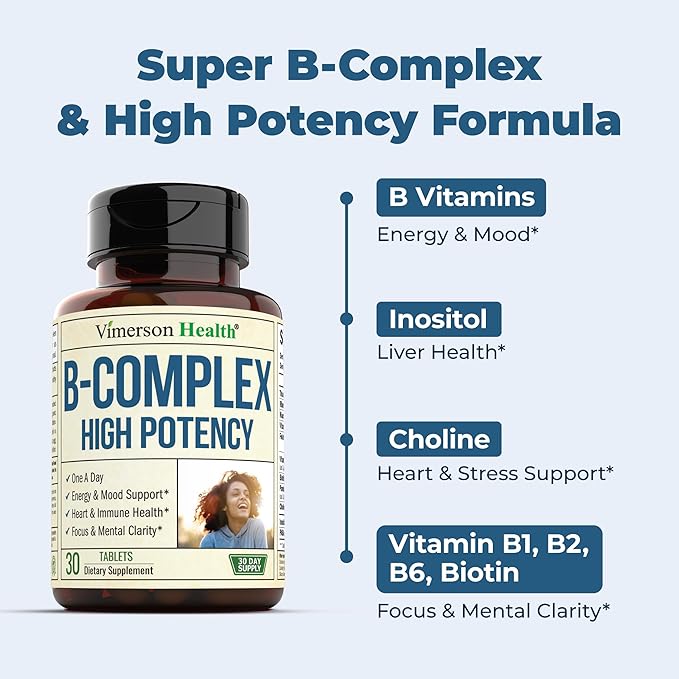 Vitamin B Complex with Vitamin B12, Niacin, Vitamin B2, Vitamin B6, Folic Acid 400mcg. B Complex Vitamins for Women & Men. Aids Mood, Energy, Nervous System & Immune Support. High Potency. One a Day