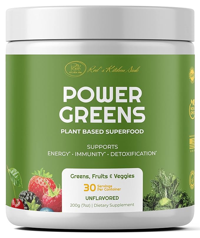 Red's Kitchen Sink Power Greens Powder - Daily Greens Superfood Powder - Fruity, Veggie, & Green Leafy Smoothie Drink Mix - Superfoods Maca Root, Spirulina, Chlorella, & More (200 Grams)