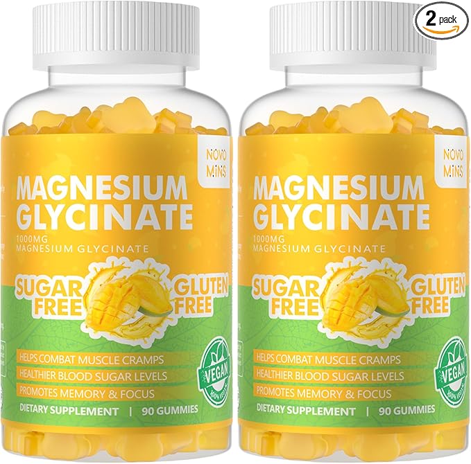 Magnesium Glycinate Gummies 1000mg - Sugar Free Magnesium Potassium Supplement with Vitamin D, B6, CoQ10 for Calm Mood & Sleep Support - 180 Mango Pineapple
