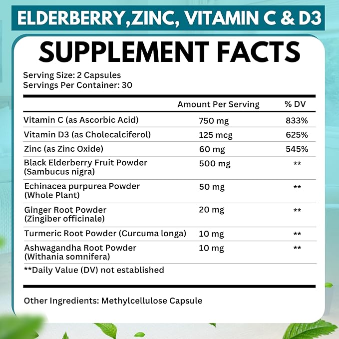 Elderberry Immune Support Supplement 8-in-1 Formula with Echinacea, Vitamin C & Zinc, Vitamin D 5000 IU, Turmeric, Ginger, Ashwagandha – Pack of 2