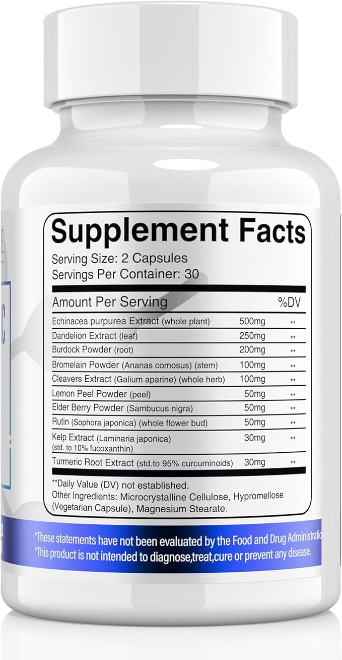 Lymphatic Support Supplement, Lymphatic Drainage Supplements with with Dandelion, Burdock, Echinacea, Lemon & More, Lymph System Support for Men and Women – 60 Capsules