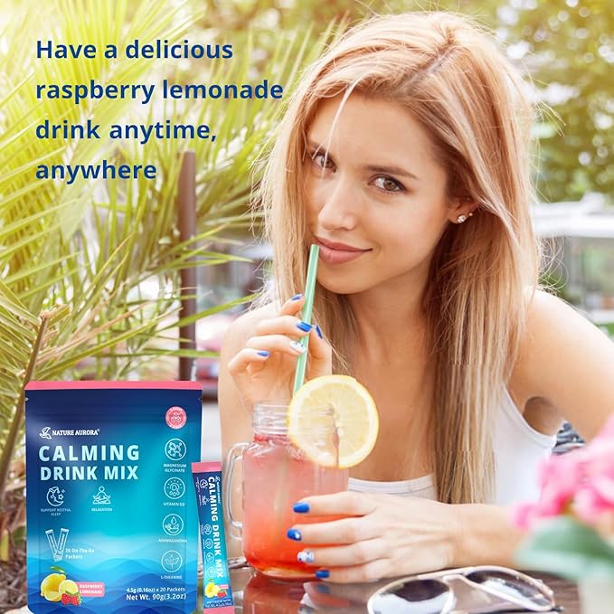 Powdered Drink Mix Calm - Adaptogenic Drink Mix with Magnesium Glycinate, Ashwagandha, Vitamin D, L-Theanine - Sleep Aid, Calm, Relax & Focus - Vegan, No Sugar- Raspberry Lemonade - 20 Sticks
