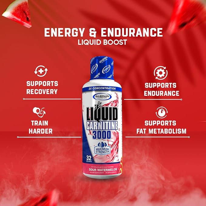 Gaspari Nutrition Liquid L-Carnitine 3000, Stimulant Free, Increased Metabolism, Enhanced Energy, Non GMO, Gluten Free, BPA Free (32 Servings, Sour Watermelon)