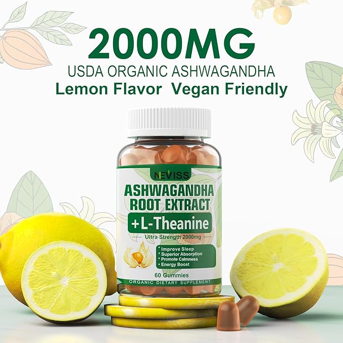 NEVISS Ashwagandha Gummies 2000mg, Feel Refreshed, Plus Proprietary Blend with 5-HTP, L-Theanine, Lemon Balm, Magnesium for Calm, Zzzs, Mood, Energy & Relaxation Support (1 Pack (60 Countss))