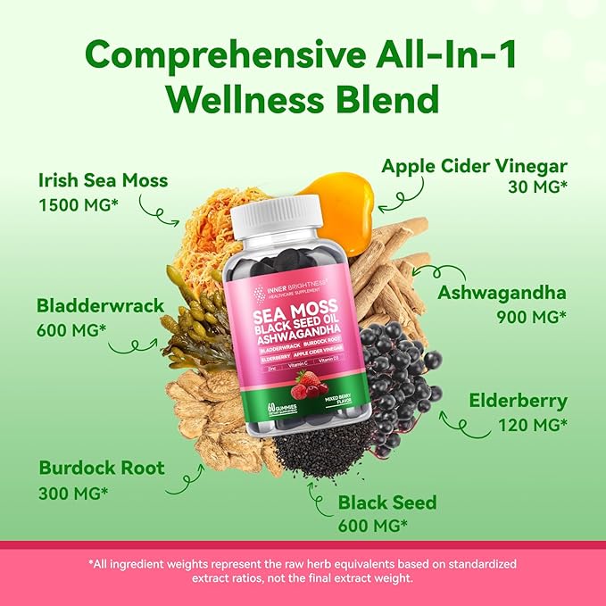 Irish Sea Moss Gummies with Ashwagandha, Elderberry, Apple Cider Vinegar, Bladderwrack, Burdock Root & Black Seed for Immune Support – Mixed Berry Flavor, 60 Count
